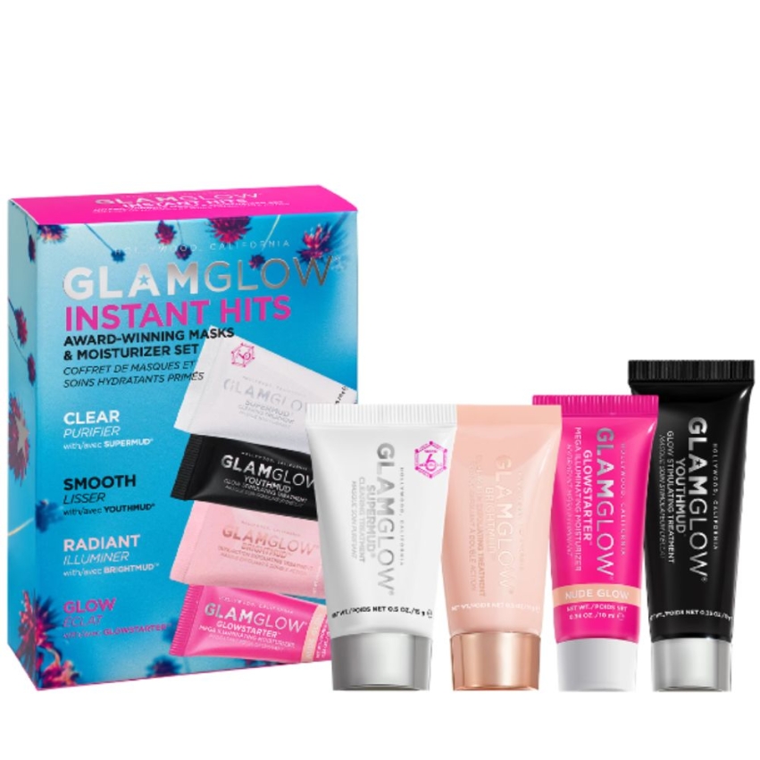 Instant Hits Set GlamGlow: Brightmud, Anti-Dark Circles, Eye Cream, 3 ml + Brightmud, Anti-Dark Circles, Eye Cream, 3 ml + Supermud, AHA, For Regulation Of Excessive Sebum, Mud Mask, For Face, 15 g + Brightmud, AHA, Exfoliating, Cream Mask, For Face, 15 ml + Youthmud, Exfoliating, Mud Mask, For Face, 15 g + Glowstarter, Glow, Cream, For Face, 15 ml