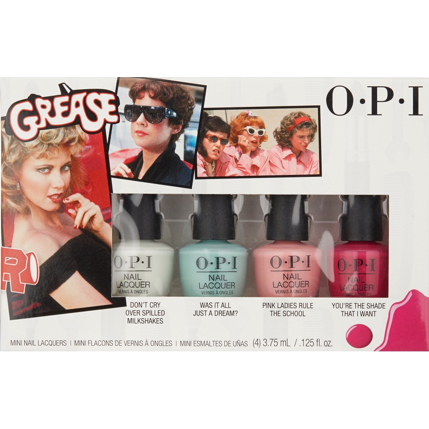 Grease Collection Set Opi: Nail Lacquer, Nail Polish, Don't Cry Over Spilled Milkshakes, 3.75 ml *Miniature + Nail Lacquer, Nail Polish, Was It All Just A Dream?, 3.75 ml *Miniature + Nail Lacquer, Nail Polish, Pink Ladies Rule The School, 3.75 ml *Miniature + Nail Lacquer, Nail Polish, You're the Shade That I Want, 3.75 ml *Miniature