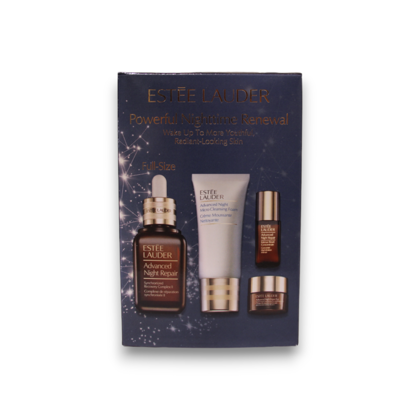 Powerful NightTime Renewal Set Estee Lauder: Advanced Night Repair - Eye Supercharged Complex, Vitamin E, Anti-Dark Spots, Night, Eye Cream, 5 ml *Miniature + Advanced Night Repair - Intense Reset, Hyaluronic Acid, Rescues & Resets, Concentrate, For Face, 5 ml *Miniature + Advanced Night Micro, Purifying, Cleansing Foam, 30 ml + Advanced Night Repair - Synchronized Recovery Complex II, Anti-Aging, Night, Serum, For Face, 30 ml