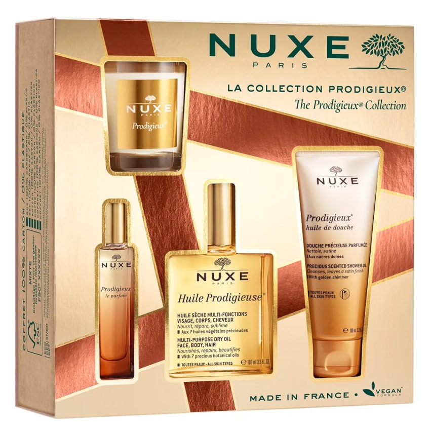 Collection Set Nuxe: Prodigieux Le Parfum, Eau De Parfum, For Women, 15 ml + Prodigieux, Shower Oil, All Over The Body, For All Skin Types, 100 ml + Huile Prodigieuse Or Multi-Purpose, Body Oil, For Face, Body & Hair, 100 ml + Prodigieux, Scented Candle, 70 g