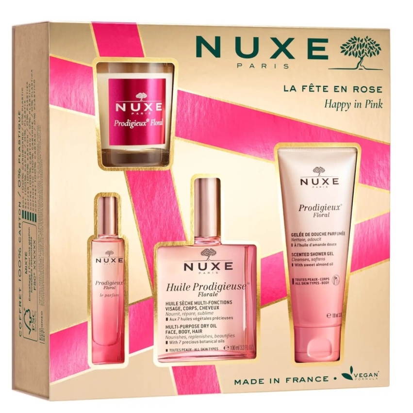 Set Nuxe: Prodigieux Floral, Scented Candle, 70 g + Prodigieux Floral, Shower Gel, All Over The Body, For All Skin Types, 70 ml + Prodigieux Floral Le Parfum, Eau De Parfum, For Women, 15 ml *Miniature + Huile Prodigieuse Multi-Purpose Floral, Body Oil, For Face, Body & Hair, 100 ml
