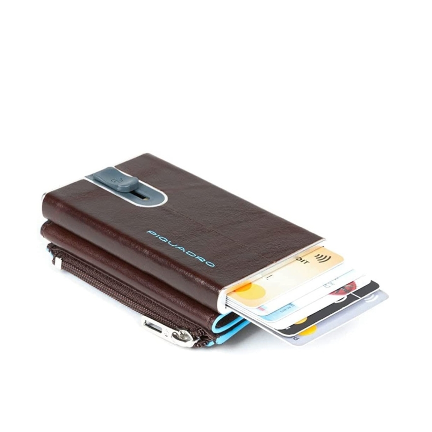 Piquadro, Blue Square, Leather, Card Holder, Square Sliding System with Zipped Coin Pocket, PP4891B2R-MO, Mahogany, For Men