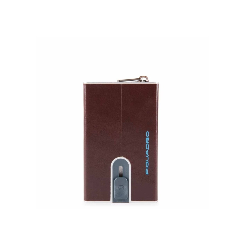 Piquadro, Blue Square, Leather, Card Holder, Square Sliding System with Zipped Coin Pocket, PP5359B2R-MO, Mahogany, For Men