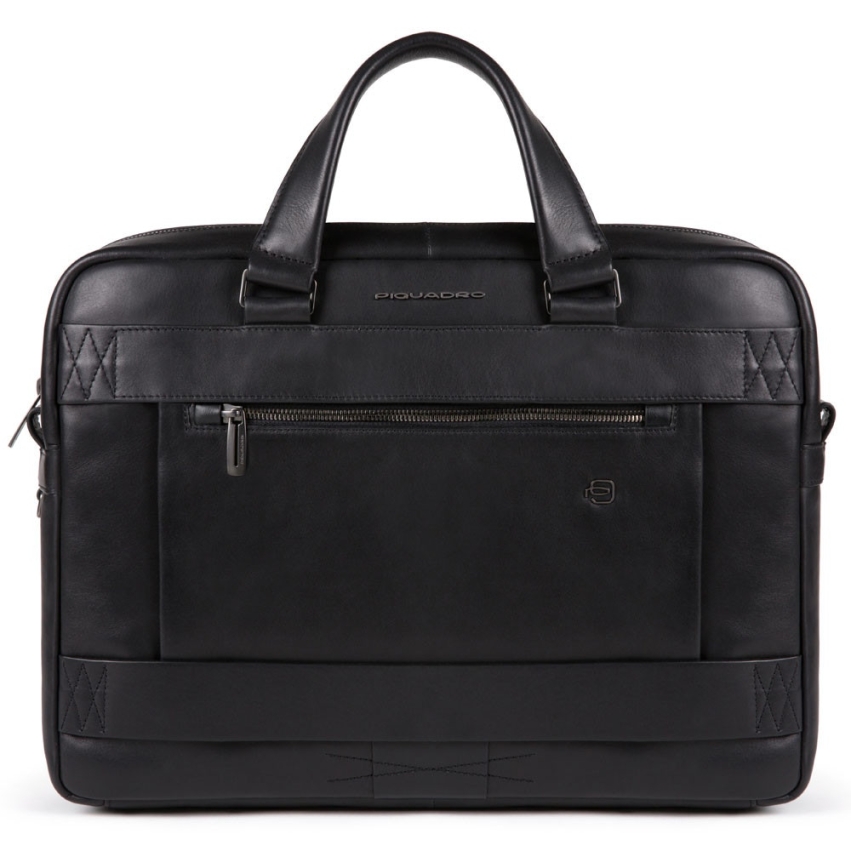 Piquadro, Obidos, Leather, Briefcase, Double Zip, Black, 40 x 29 x 8 cm, For Men