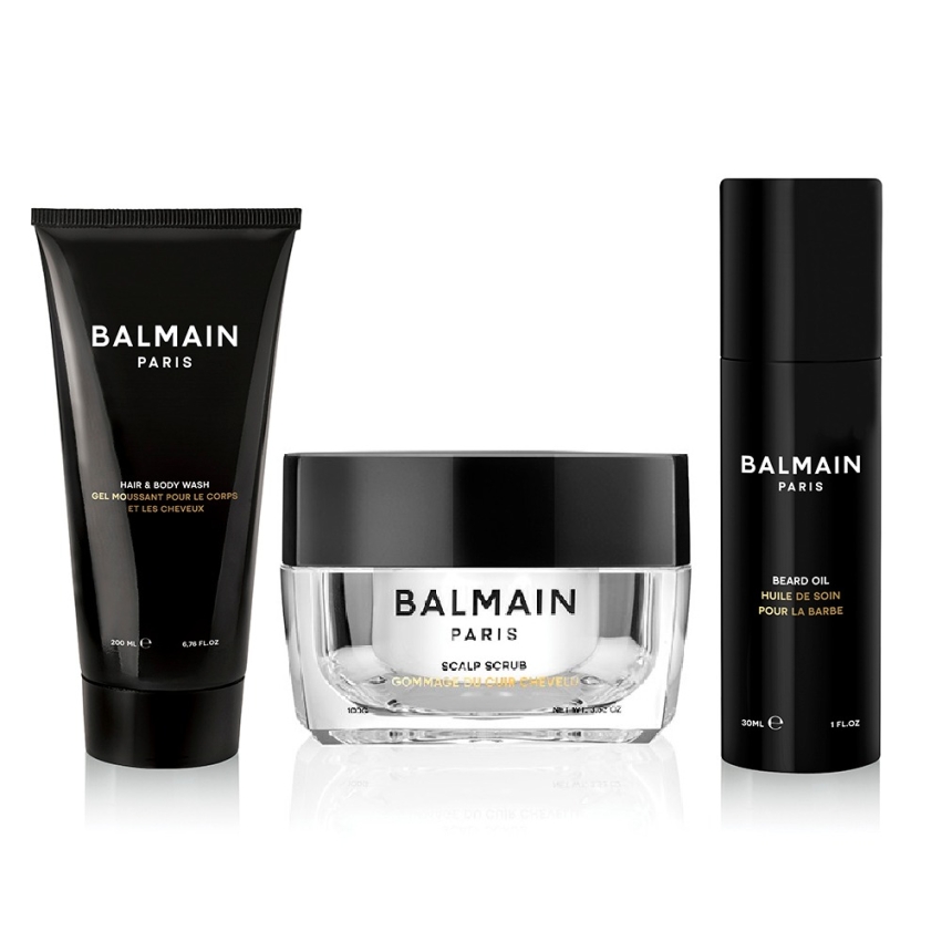 Set Balmain Professionnel: Men, Scalp Scrub, 100 g + Men, Beard Oil, Dimethicone, For Definition & Texture, 30 ml + Men, Shower Gel & Shampoo 2-In-1, Glycerin, 200 ml