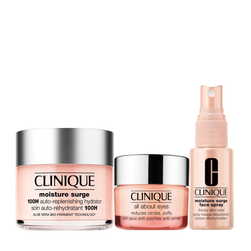 Moisture Surge Gift Set Set Clinique: Moisture Surge 100H Auto-Replenishing, Hydrating, Cream, For Face, 125 ml + All About Eyes Rich, Anti-Dark Circles, Day & Night, Eye Cream, 15 ml + Moisture Surge, Hydrating, Spray, For Face, 30 ml