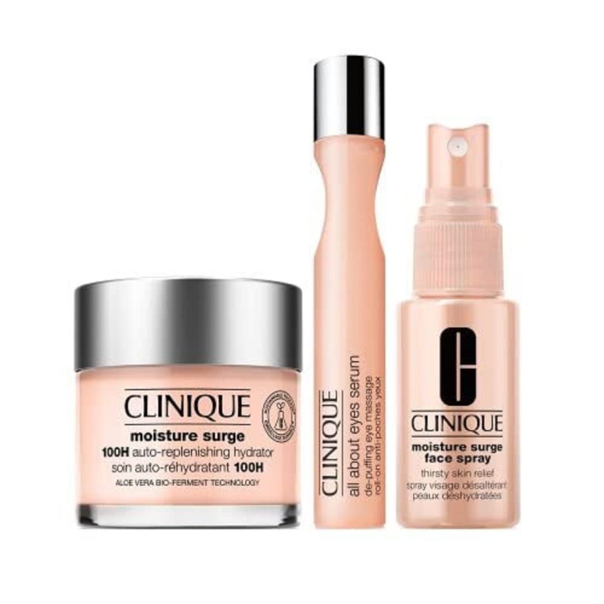 All About Moisture Surge Kit Set Clinique: Moisture Surge 100H Auto-Replenishing, Hydrating, Cream, For Face, 75 ml + All About Eyes De-Puffing, Soothing, Day & Night, Eye Serum, 15 ml + Moisture Surge, Hydrating, Spray, For Face, 30 ml