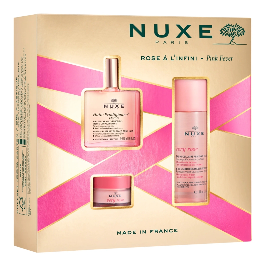 Set Nuxe: Huile Prodigieuse Multi-Purpose Floral, Body Oil, For Face, Body & Hair, 50 ml + Very Rose, Lip Balm, 15 g + Very Rose, Cleansing, Micellar Water, For Sensitive Skin, 100 ml