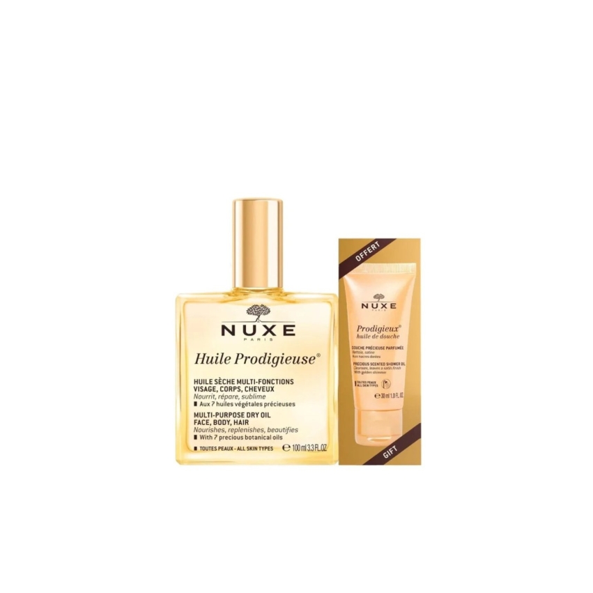 Set Nuxe: Huile Prodigieuse Or Multi-Purpose, Body Oil, For Face, Body & Hair, 100 ml + Prodigieux, Shower Oil, All Over The Body, For All Skin Types, 30 ml